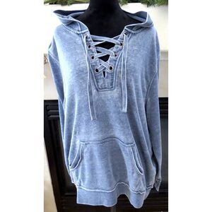Green Tea Women's Mineral Wash Lace-up Hoodie Smoky Denim XL